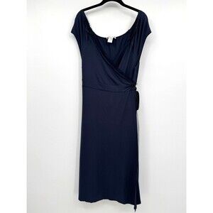 COTE FEMME Navy Blue Wrap Midi Dress Sz 14/16 V-Neck Sheer Trim Preppy Feminine